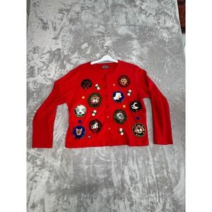 BEREK Red Button Up Cardigan Ugly Christmas Sweater Dog Wreath Applique Women XL